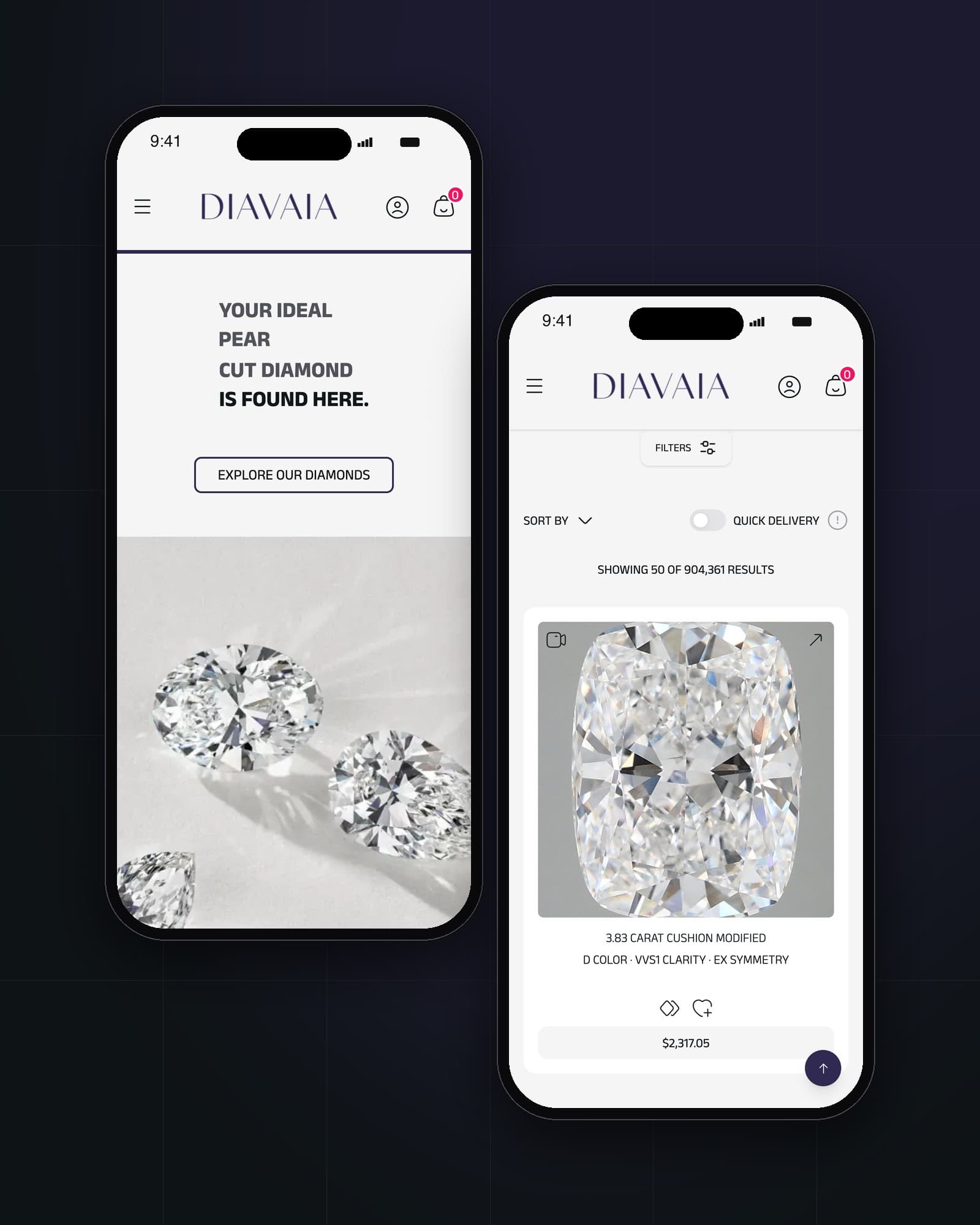 Diavaia online store on two phones: home page and diamond search results