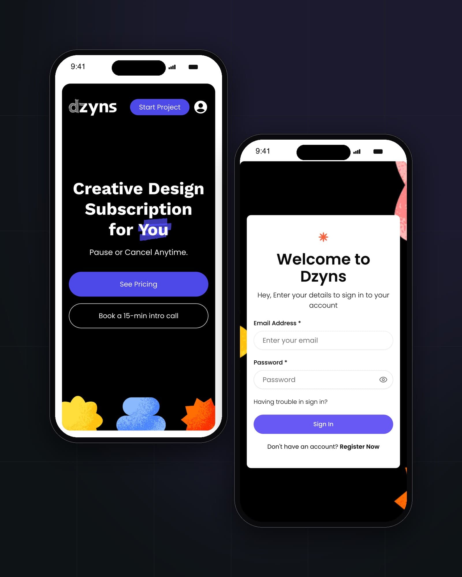 Dzyns marketing site and client app sign-in on two phones