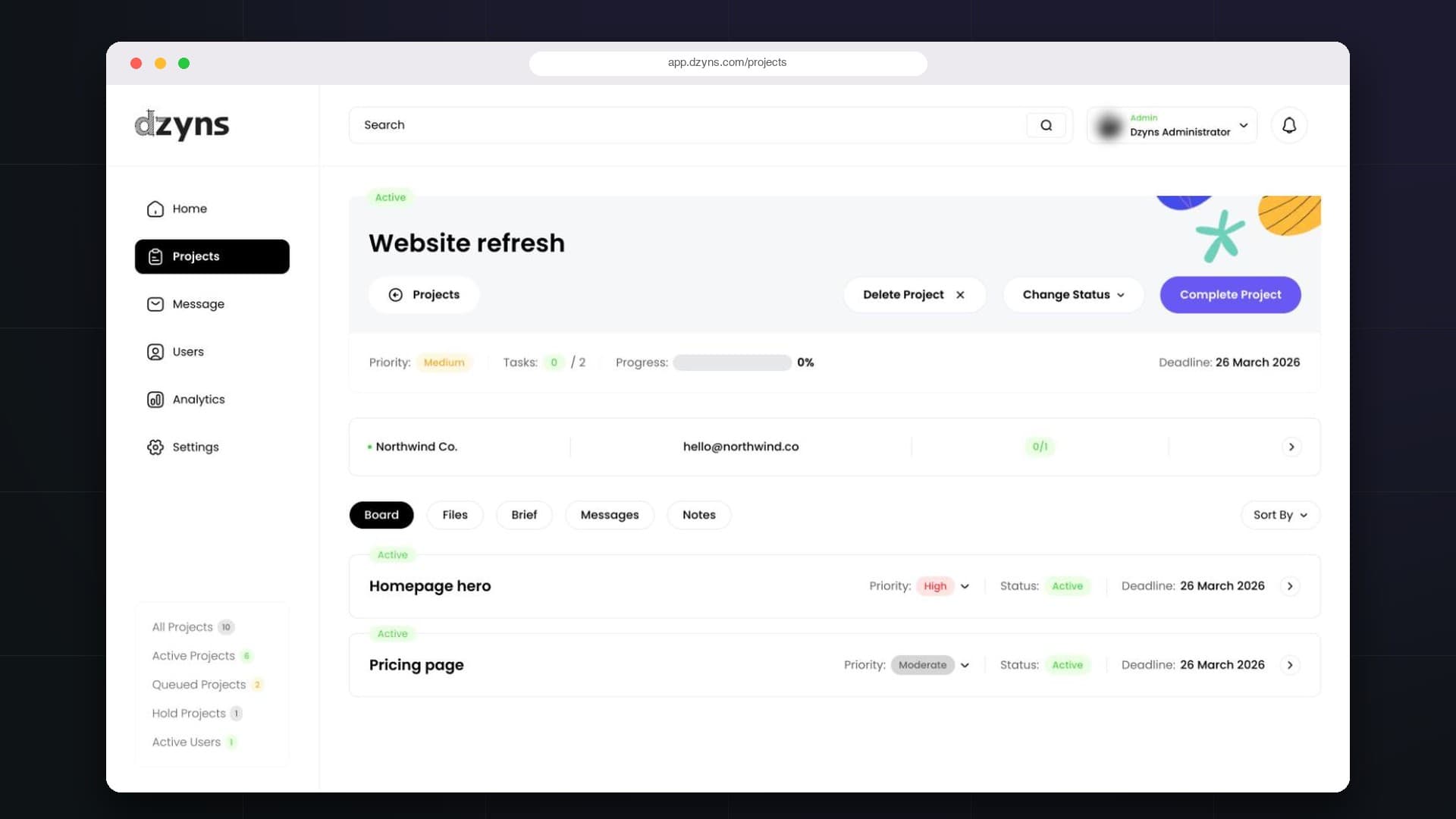 Dzyns client app project board with tasks, files, brief, messages and notes