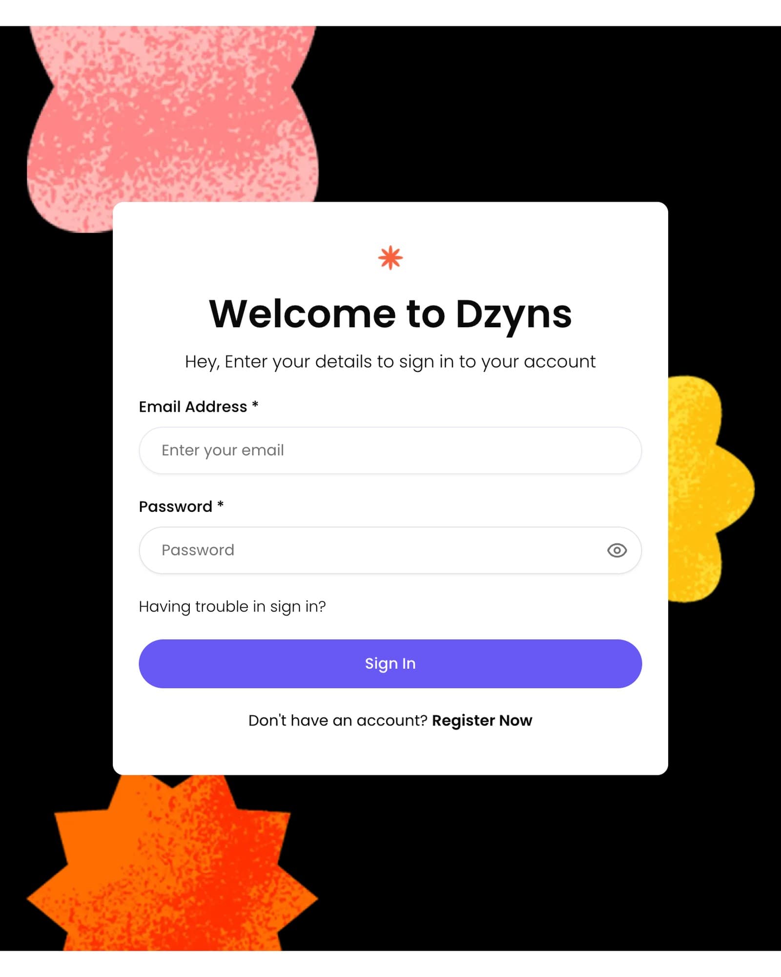 Dzyns client app sign-in screen