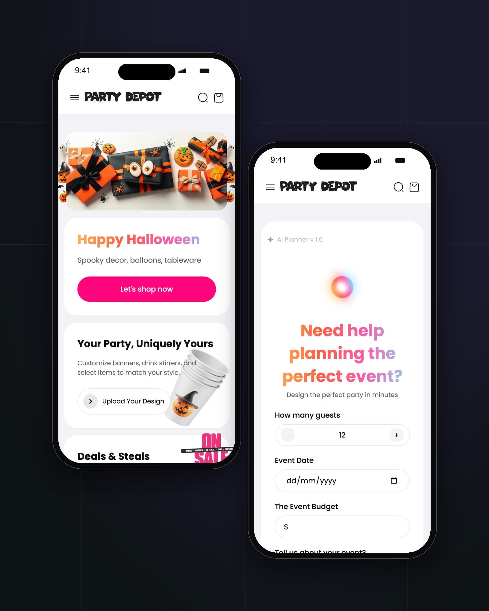 Party Depot home page and AI planner on two phones