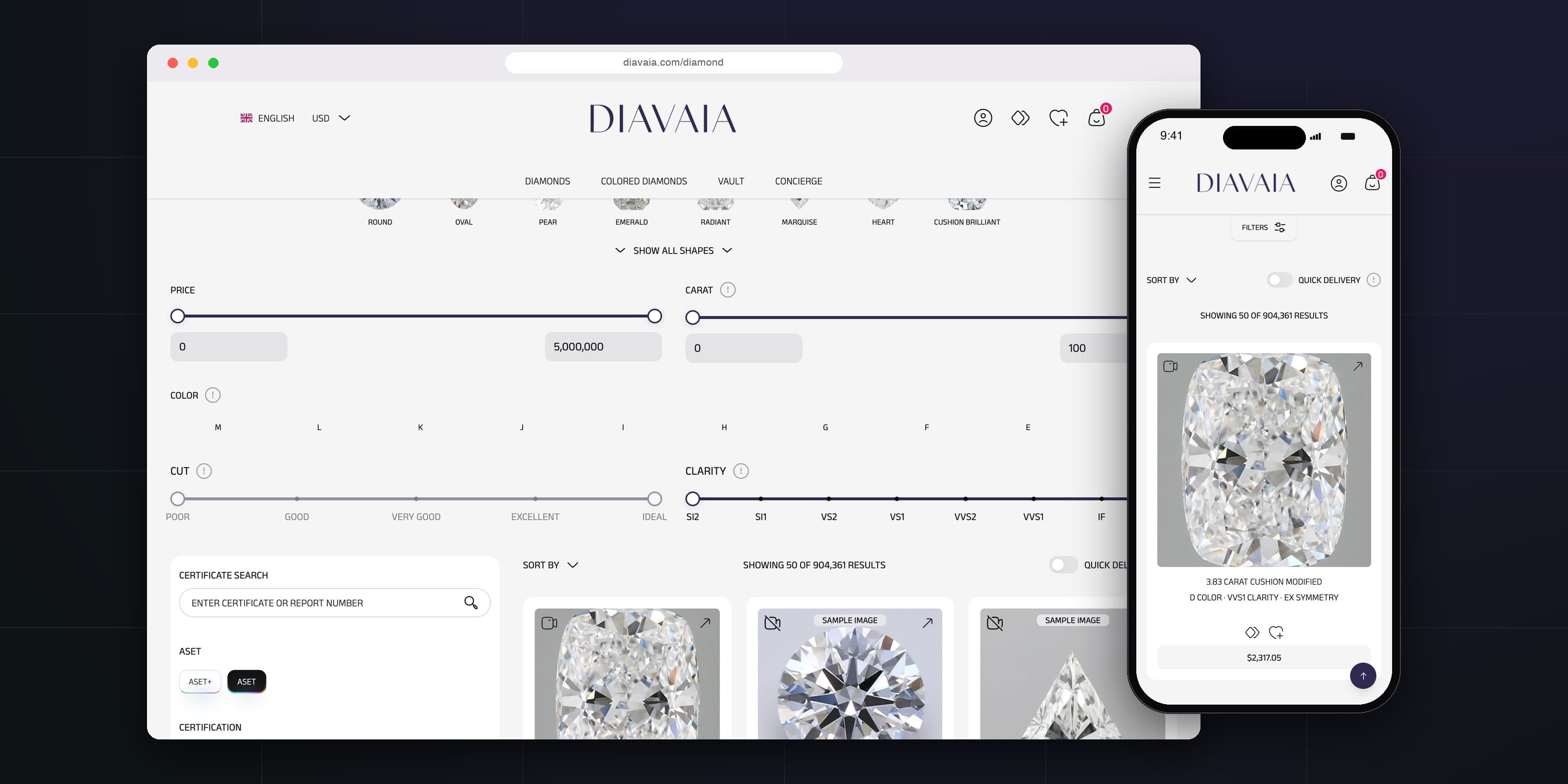 Diavaia diamond search on desktop and phone