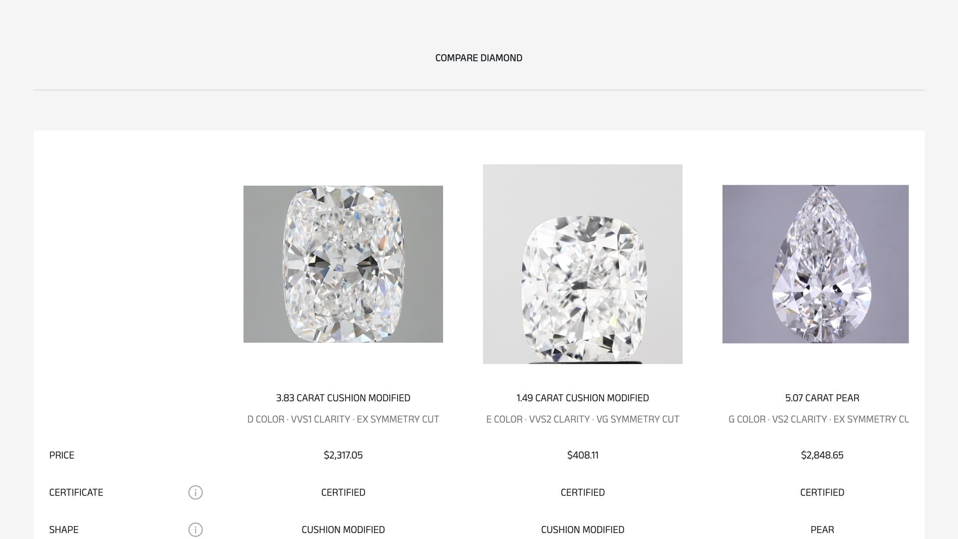 Diavaia side-by-side comparison of three diamonds