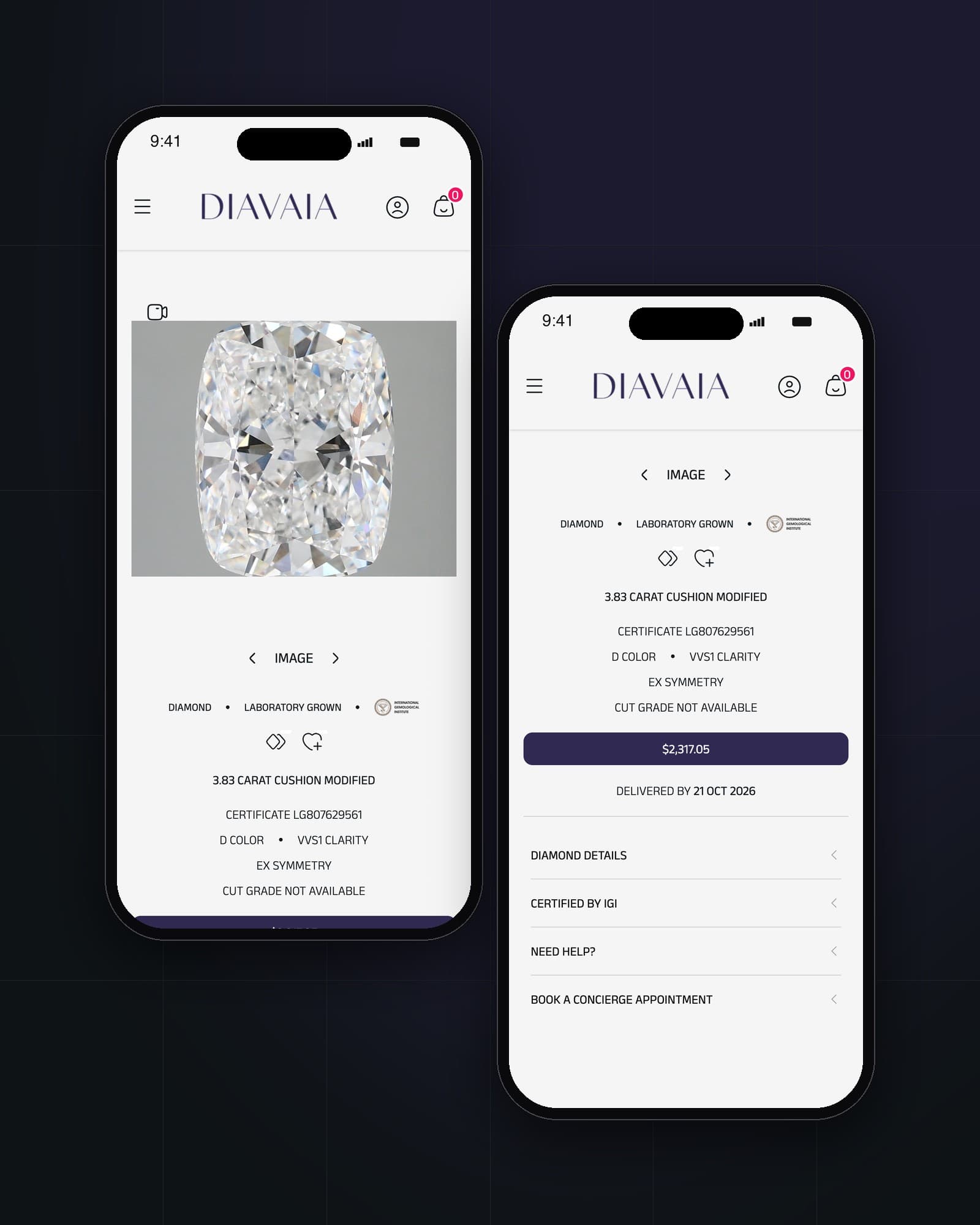 Diavaia diamond detail page on mobile, with IGI certificate, grading and price