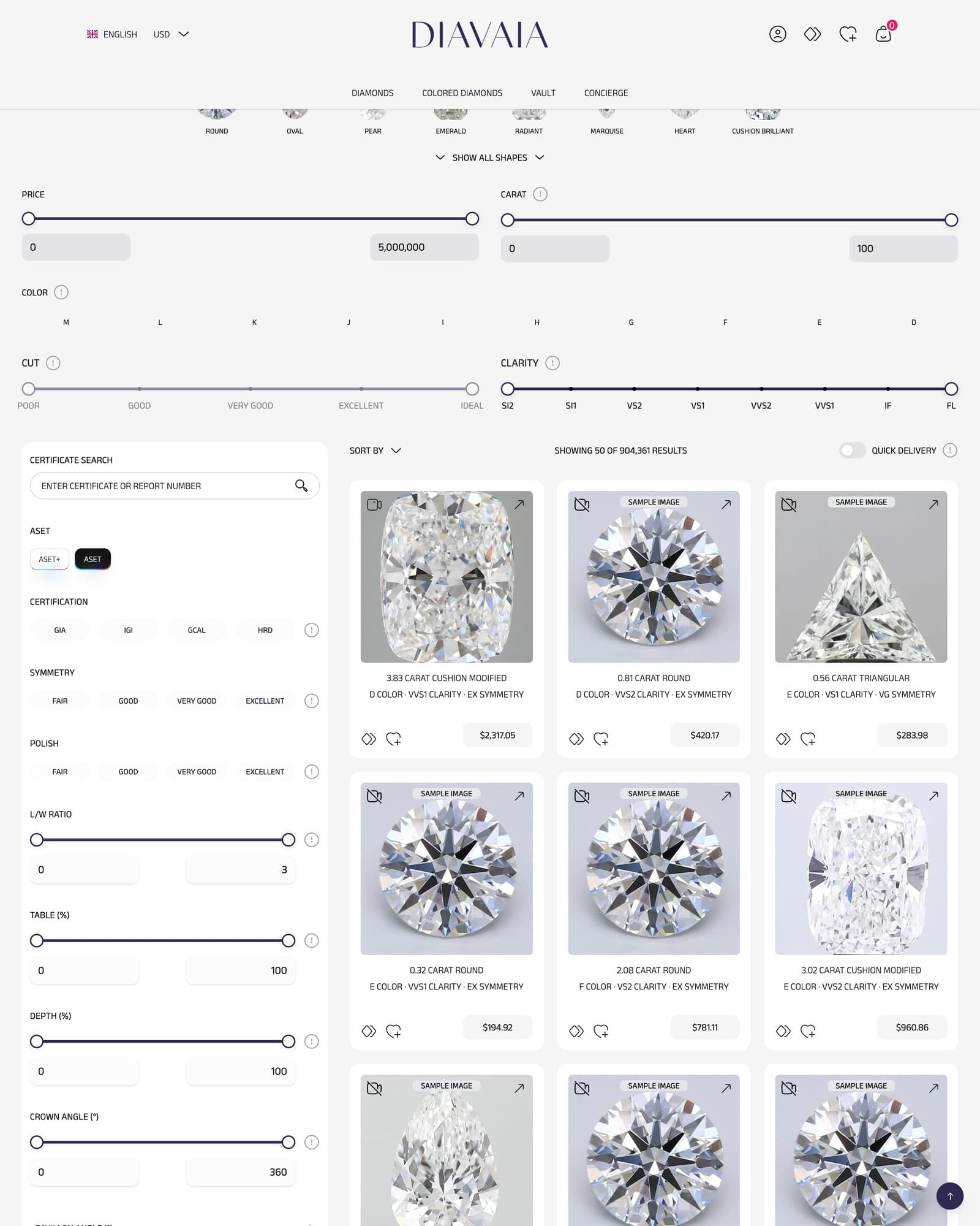 Diavaia diamond search: shape picker, price, carat, color, cut and clarity filters above the results