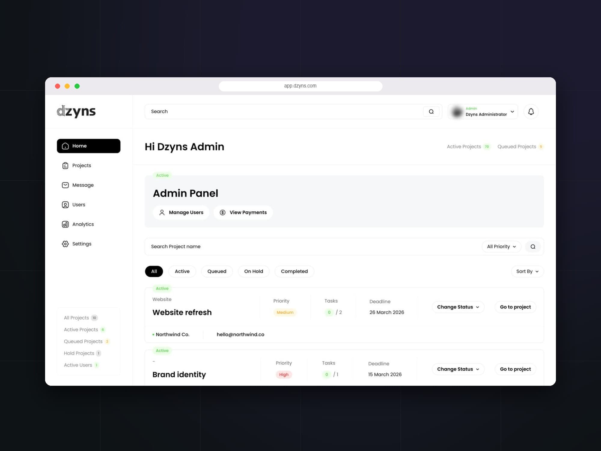 Dzyns client app home in a browser
