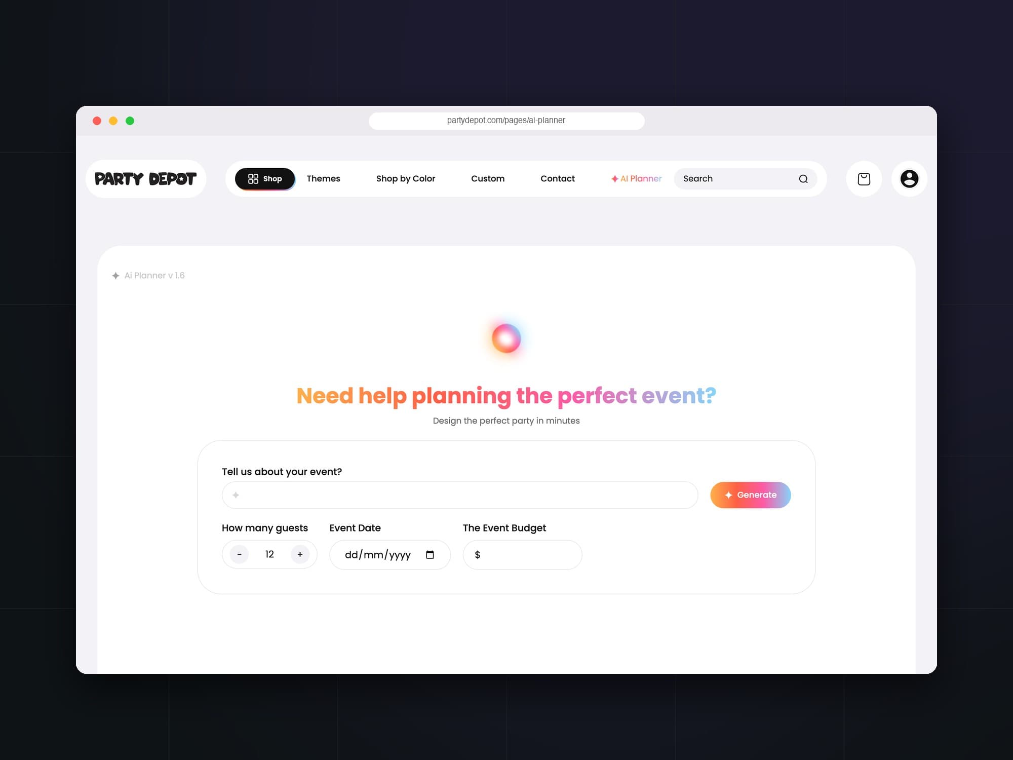 Party Depot AI planner on desktop