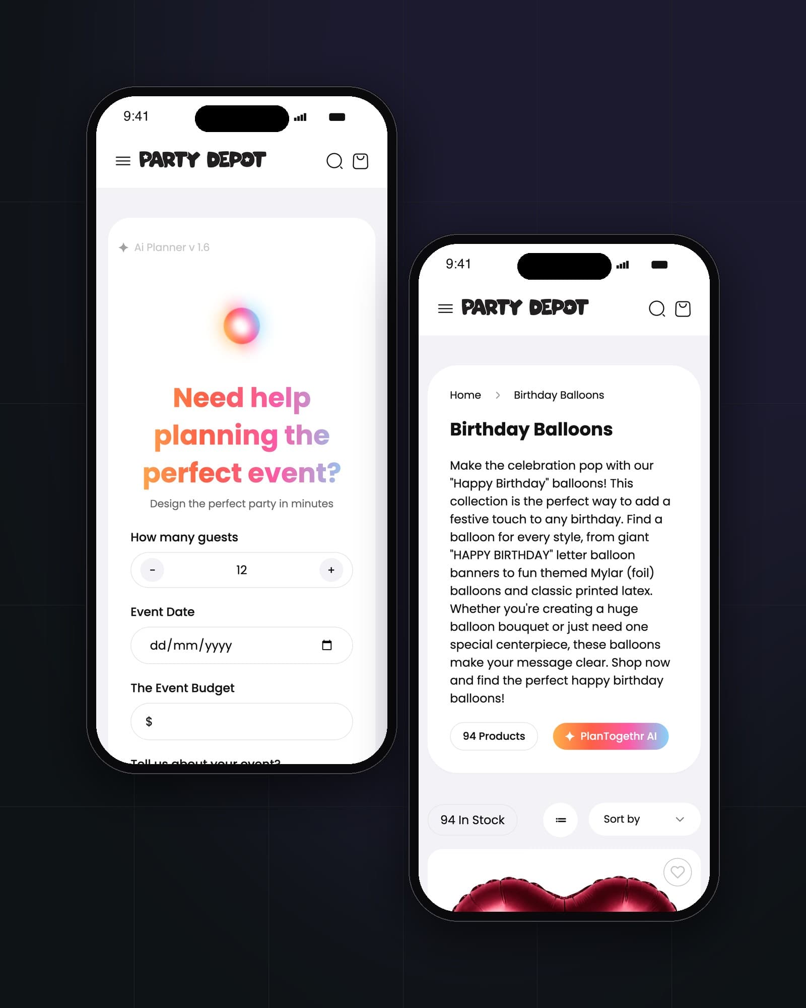 Party Depot AI planner on mobile and its entry point on a collection page
